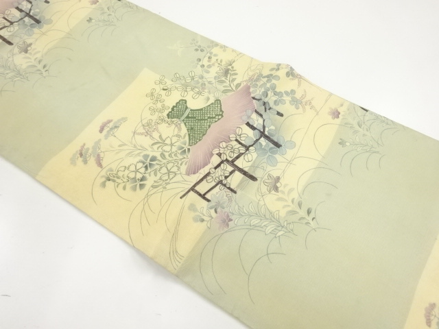 JAPANESE KIMONO / ANTIQUE MARU OBI FOR SUMMER / SILK / AUTUMN PLANTS